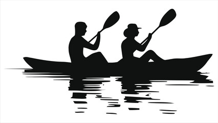 Silhouette of two people kayaking on calm water/A simple, elegant silhouette of two people kayaking on a still body of water.