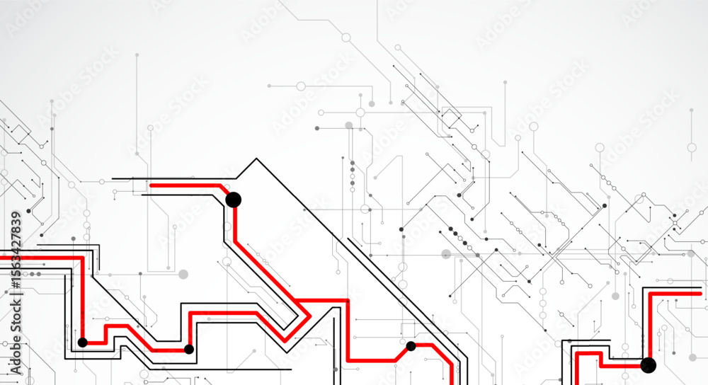 Poster Digital circuit visualization vector background. Pattern with interconnected lines, nodes.