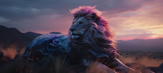 A haunted gothic lion perched on a wind-swept hill,ai generative