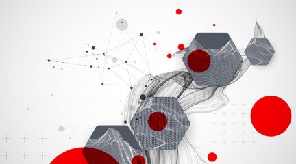 Scientific and technological background. Wave with wireframe hexagons of different types on a gray gradient.