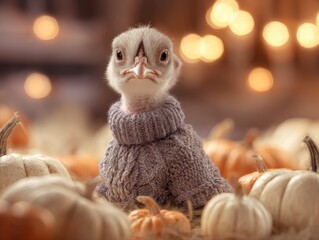 Fototapeta premium An adorable baby turkey wearing a knit sweater, sitting amidst pumpkins, soft lighting, cute photorealistic style