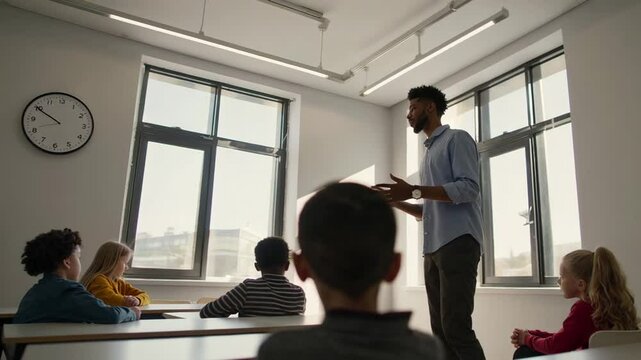 Experienced educator leading educational session with diverse elementary students, sharing knowledge while engaging young learners during classroom instruction