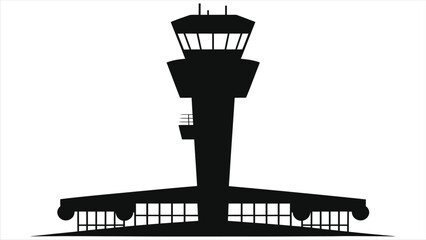 Simple Black Silhouette of an Airport Control Tower and Apron/A clean, minimalist silhouette of an airport control tower and apron.