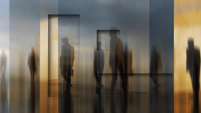 Ethereal blurred shadow figures glide within a 3D office, their silhouettes in motion 