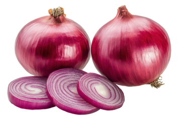 Two Red Onions and Sliced Rings Fresh Produce Vegetable Food isolated on a transparent background