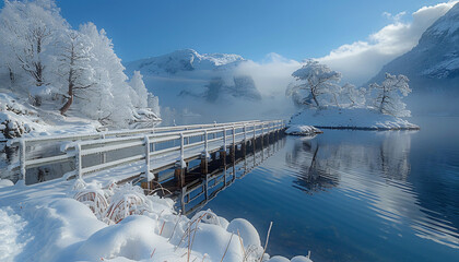 Winter's Embrace: The Snow-Capped Bridge Over a Frozen Lake
