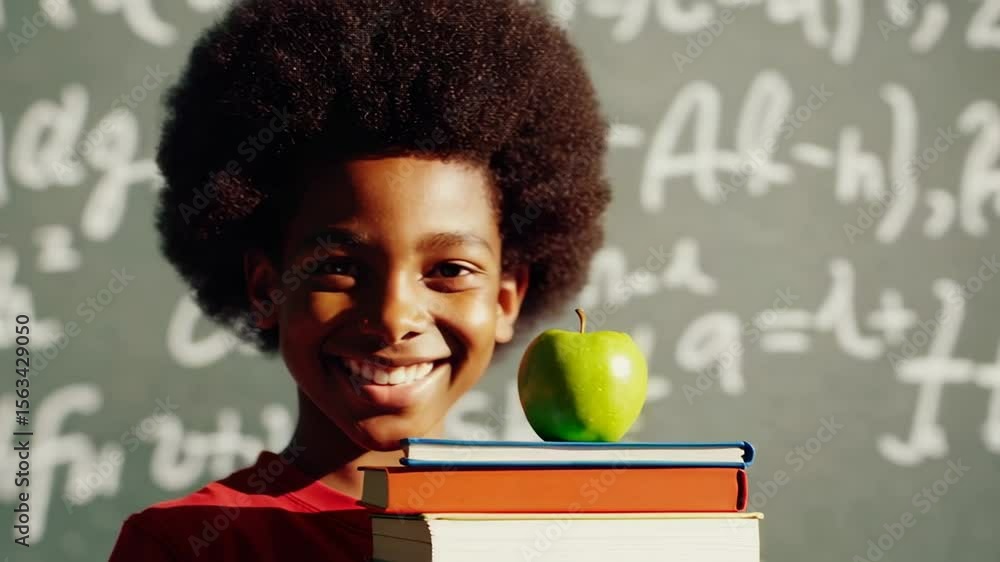 Poster happy pupil with an afro hairstyle holding textbooks and a green apple, posing in front of a chalkbo