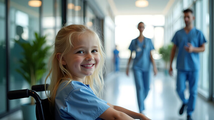 Cheerful Child in Wheelchair with Compassionate Hospital Staff
