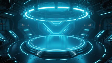 Futuristic Circular Platform with Blue Neon Lights in a High-Tech Environment