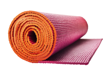 Rolled purple and orange yoga mat fitness exercise gym workout sport isolated on a transparent background