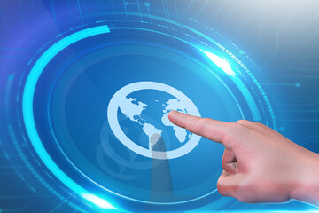 hand holding a globe on a blue touchscreen