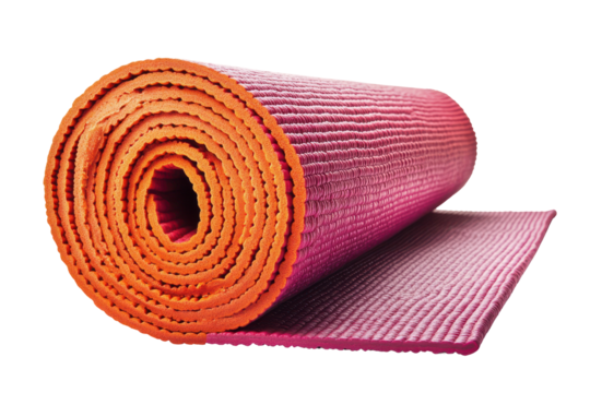 Rolled purple and orange yoga mat fitness exercise gym workout sport isolated on a transparent background