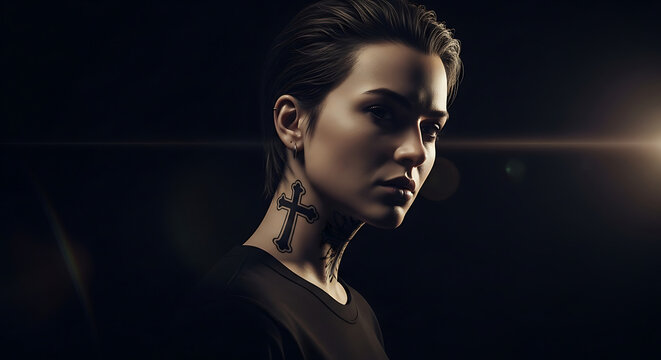 Moody close-up portrait of a androgynous with a stylized cross tattoo on their neck. - Powered by Adobe