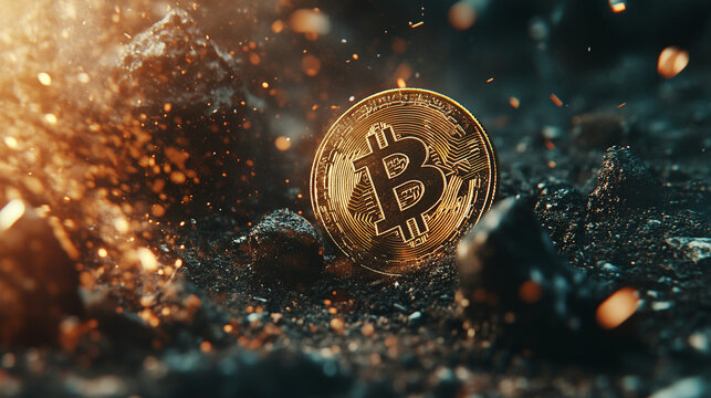 A golden Bitcoin cryptocurrency coin gleams amidst rough rocky terrain with sparkling particles, symbolizing financial innovation and digital currency mining.