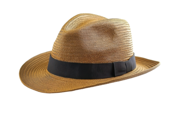 Straw fedora hat with black band summer fashion accessory isolated on a transparent background