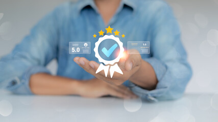 A man presenting a quality guarantee badge with five-star customer rating review icons,...