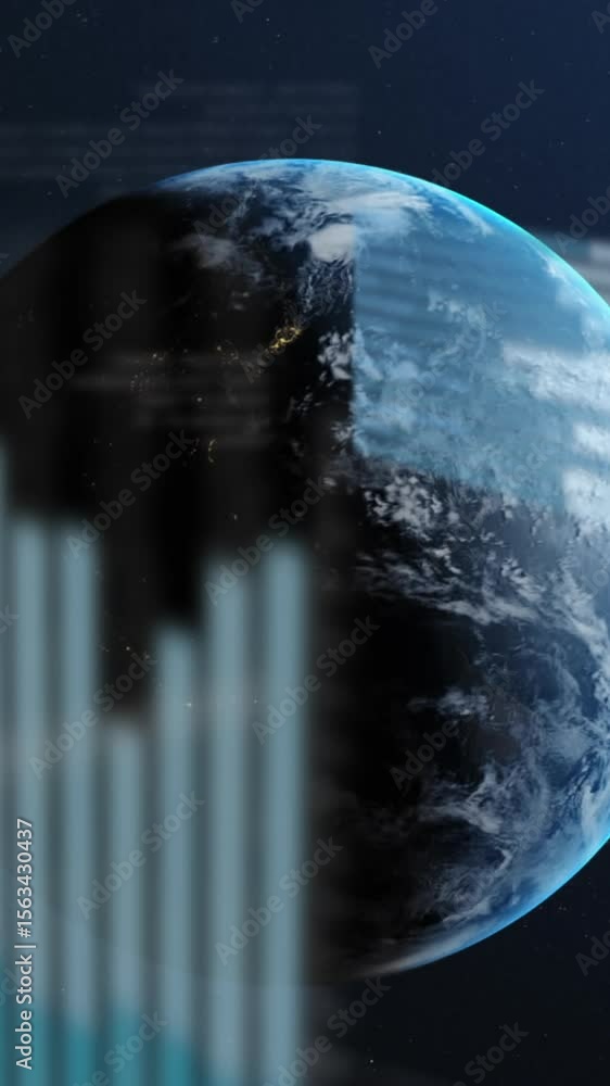 Poster animation of statistics and data processing over earth globe on blue background