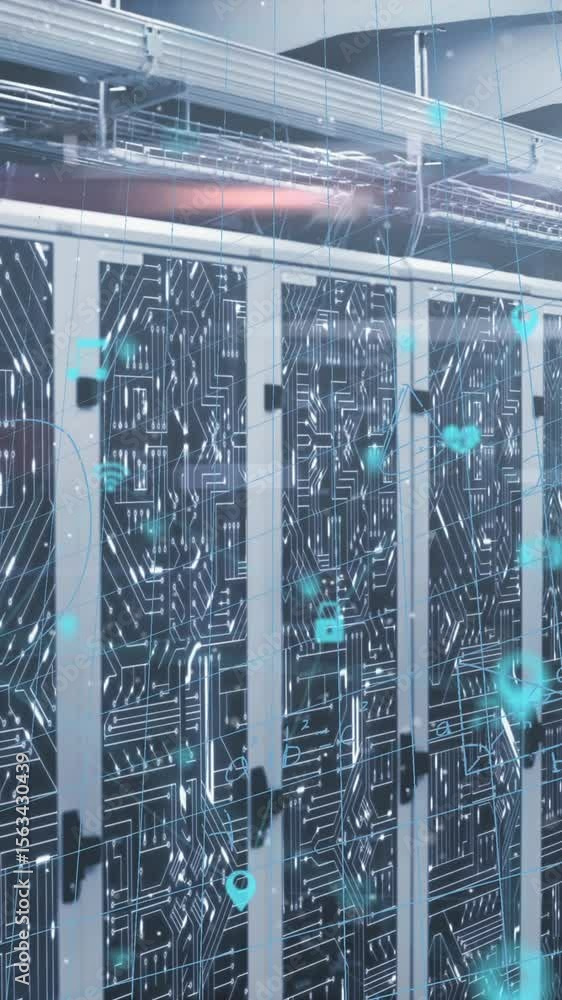 Poster animation of mathematical equations, icons and data processing over computer servers