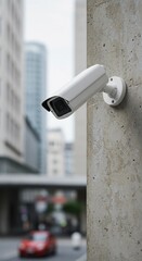 Security camera mounted on wall observing urban street view  