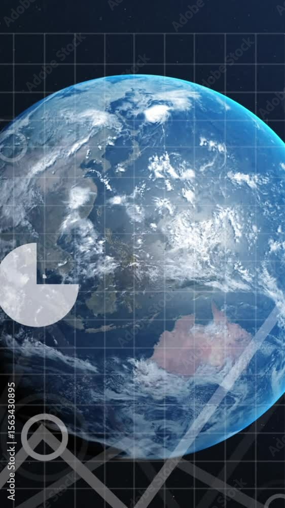 Aufkleber animation of statistics and data processing over earth globe on blue background