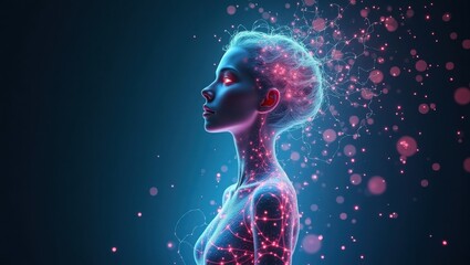 Una espiral de datos futurista, que recuerda a una aurora cibernética, envuelve a un agente de IA humanoide con un físico andrógino y esbelto
