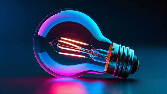 Modern led light bulb illuminated with pink and blue neon light