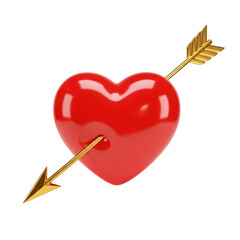 A vibrant 3d rendered red heart pierced by a golden arrow on a black background, perfect for valentine's day PNG file isolated on transparent background cut out, clipping path, social media.
