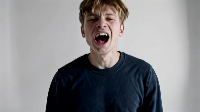 The man opened his mouth and raised his hair with an exaggerated expression. The angry young man shouted
