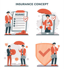 Insurance Concept set Featuring a Businessman with an Umbrella, Financial Elements, and a Smartphone in Flat Design Vector Style, Representing Protection, Investment, and Security