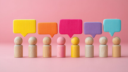 パステルピンク背景に並ぶ円筒形木製人形と布製テクスチャの吹き出し | カラフル配色