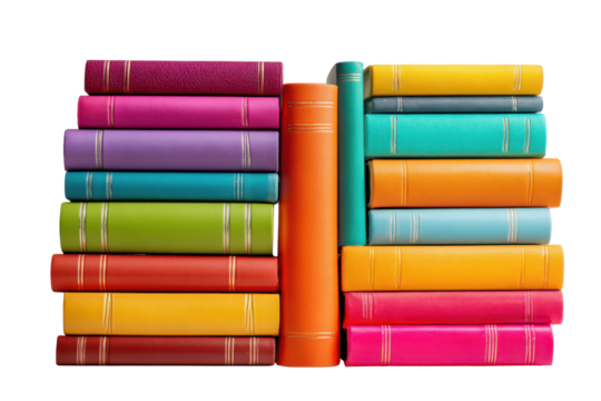 Colorful books stacked high knowledge education library reading isolated on a transparent background - Powered by Adobe