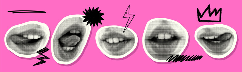 Halftone dot circle punk mouth cut out collage element isolated on white background. Woman girl avatars for mixed media decoration