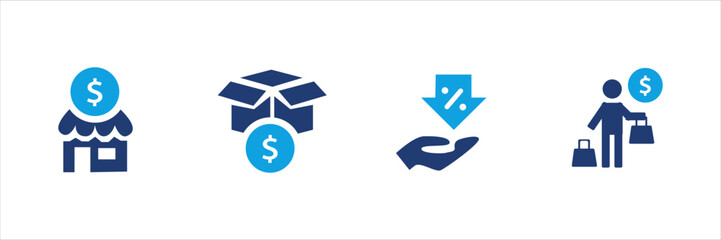 Set of blue financial and shopping icons with dollar signs, price tags, discounts, charts, invoices, and calculators. Business and commerce UI elements for web, app, banner, and print design.
