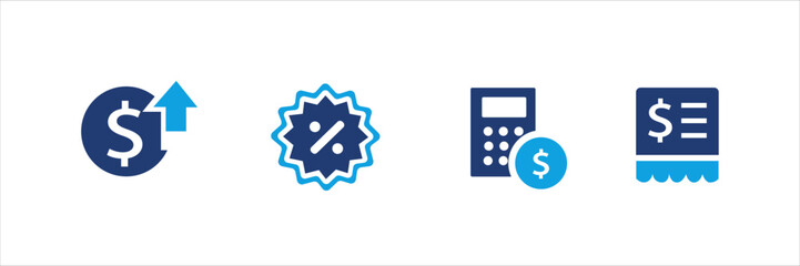 Set of blue financial and shopping icons with dollar signs, price tags, discounts, charts, invoices, and calculators. Business and commerce UI elements for web, app, banner, and print design.
