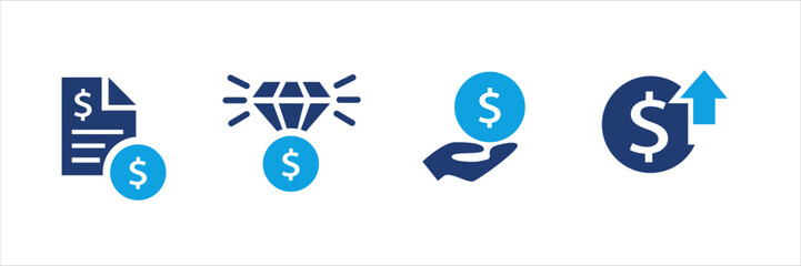 Set of blue financial and shopping icons with dollar signs, price tags, discounts, charts, invoices, and calculators. Business and commerce UI elements for web, app, banner, and print design.
