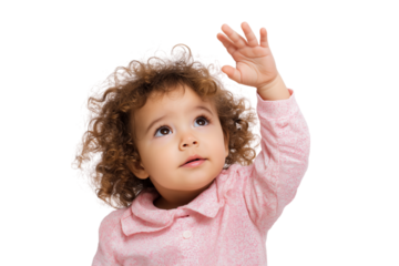  cute toddler with curly hair raising their hand isolated on white background