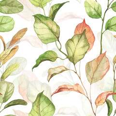 Seamless pattern with watercolor painted leaves - juicy green spring leaf and golden fall. Square wallpapers design, wrapping paper
