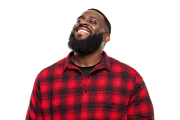 smiling man with stylish beard and wearing  red shirt isolated on white background