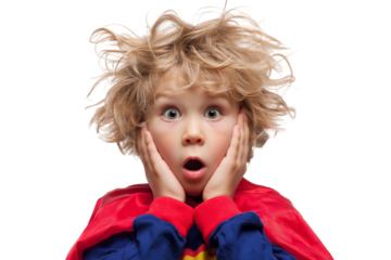 surprised young boy with messy hair wearing cape isolated on white background