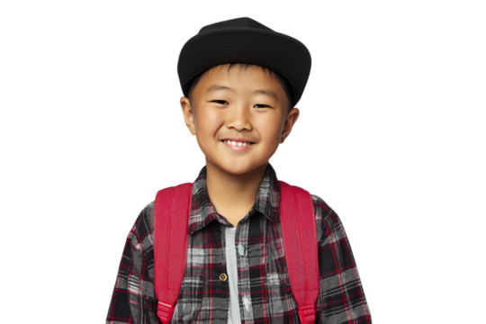 young child smiling with backpack and cap isolated on white background