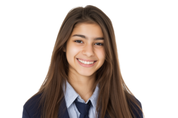 cheerful student in school uniform with bright smile isolated on white background