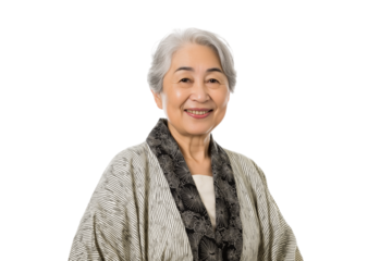 Elderly Asian woman with gray hair smiling isolated on white background