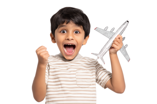 Excited boy holding toy airplane isolated on white background