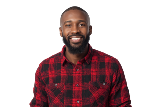  smiling man with beard in red and black plaid shirt isolated on white background