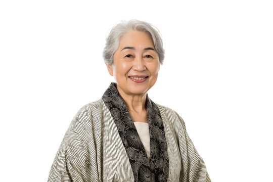  Elderly Asian woman with gray hair smiling isolated on white background