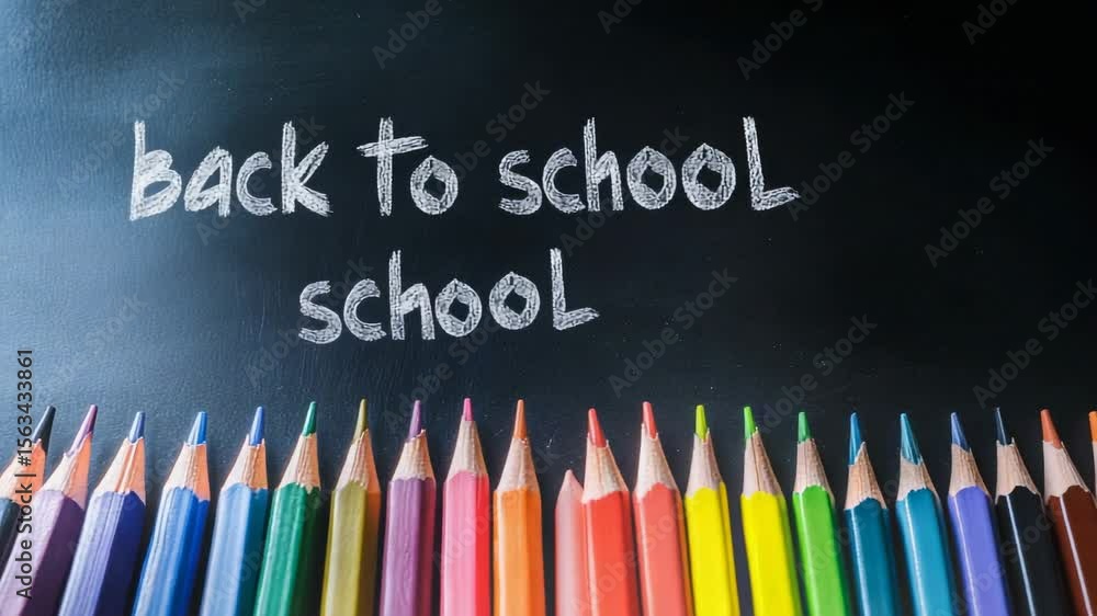 Poster colorful pencils are lined up at the bottom of a blackboard with the words back to school written on