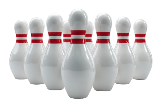 Ten white bowling pins with red stripes arranged in a triangle on black background isolated on a transparent background