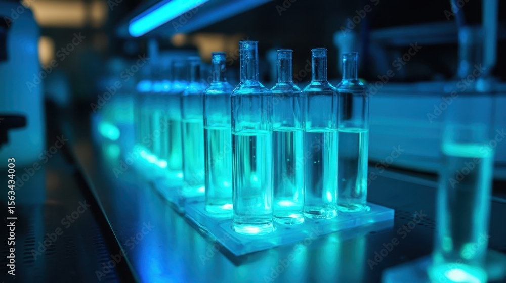Poster glowing biosensor solutions with bioluminescent markers in lab