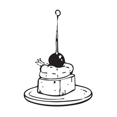 Snack drawing, restaurant cuisine, menu decoration with the cube of cheese, pate or creme and a grape on the top, Stick snack. Vector illustration.