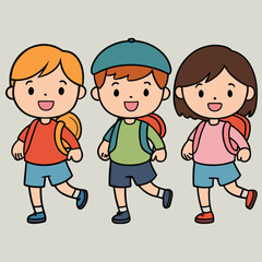 Adorable Set of Cute Doodle Children with Backpacks Going to School